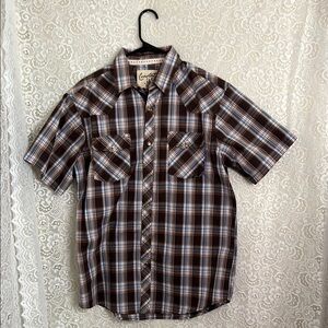 Brown and White Casual Plaid pearl snap Button Down Shirt